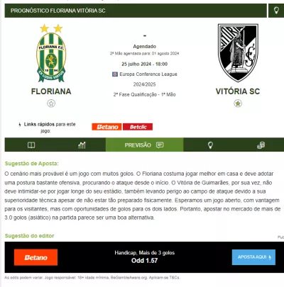 Sugestão de aposta para o Floriana contra o Vitória SC